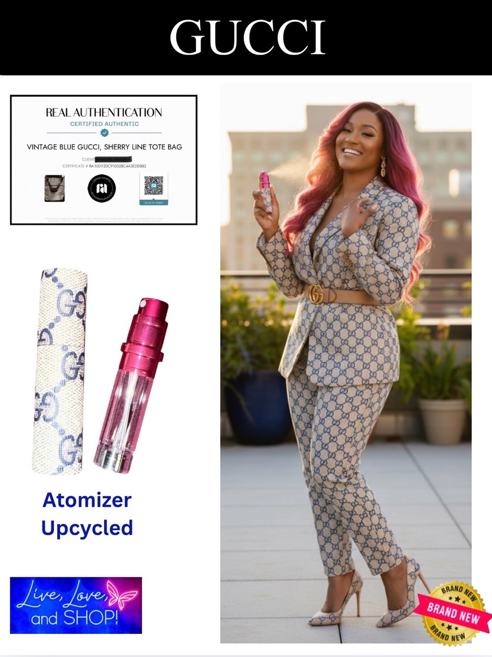 GUCCI Blue Monogram Upclyced Custom 5mL Atomizer w/Burgundy Pump & Bottle, NWOT